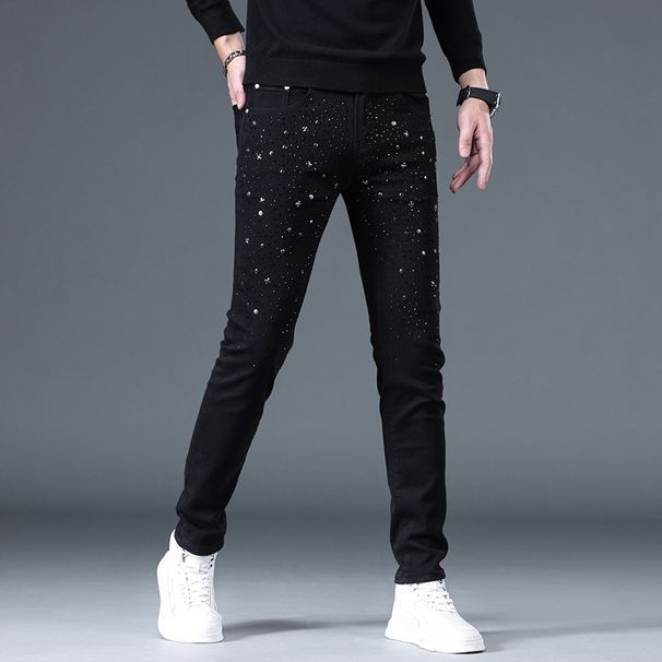 European Station Trendy Black Men's Jeans Autumn New Slim Fit Small Feet Heavy Industry Hot Diamond Fashion Pants Men_mkmklike.com