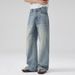 Unisex Classic Washed Blue Jeans – Vintage Straight-Leg Denim With Cat Whisker Details, A-Line Cut For Height Elongation, Everyday Essential_mkmklike.com