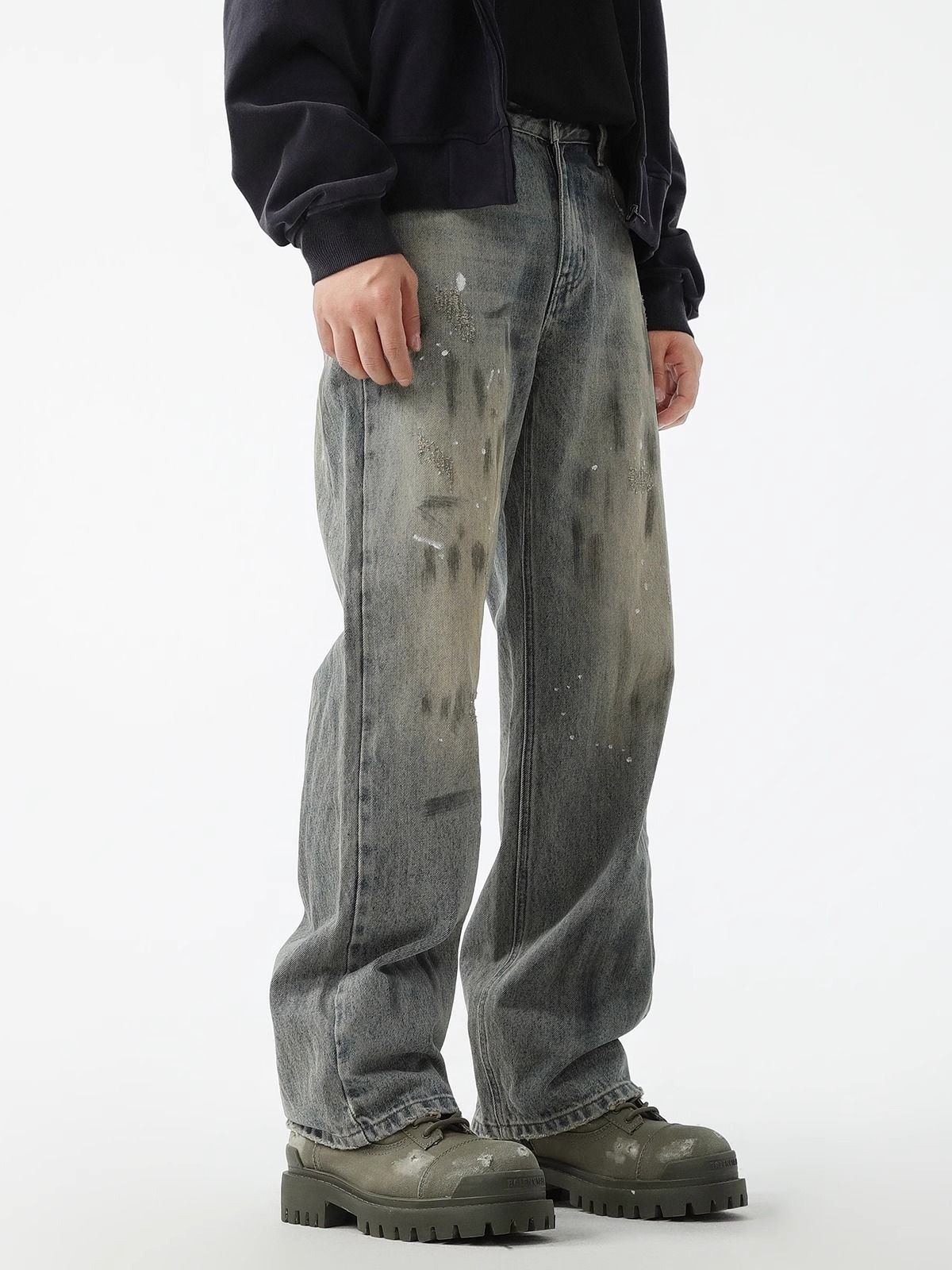 "Men's Retro Splatter Paint Jeans – Loose High Street Style, Washed Straight Leg Pants (Artistic Distressed, Summer Casual, Trendy Streetwear)"_mkmklike.com