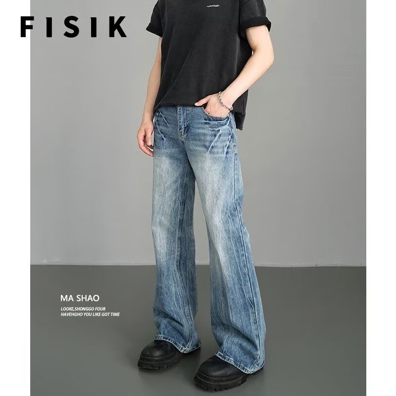 Vintage Washed Jeans American Lightning Bolt Stitch Design Relaxed Straight-Leg Slight Flare Comfort Stretch Cotton Men & Women_mkmklike.com