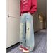 Men's Retro Embroidered Straight Leg Jeans Loose Fit American High Street Style Trendy Cool Deconstructed Trousers_mkmklike.com