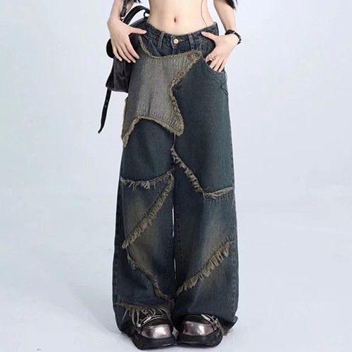 Women's Retro High-Waisted Wide-Leg Jeans Star Patchwork Denim Y2K Style Loose Fit Frayed Hem European American Fashion_mkmklike.com