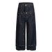 Men's Style Double Waistband Rivet Indigo Blue Textured Denim A-Line Relaxed Straight Leg Long Pants_mkmklike.com