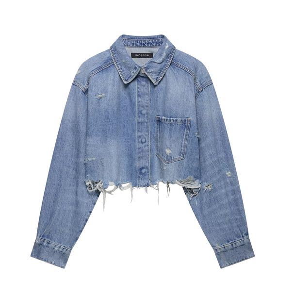 Distressed Denim Shirt Jacket For Women - Stylish Cropped Casual Top With Ripped Details (XS/S/M/L, Blue)_mkmklike.com