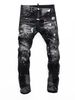 Men's Black And Gray Washed Stretch Slim Jeans Graffiti Paint Scratched Patches American Fashion New_mkmklike.com