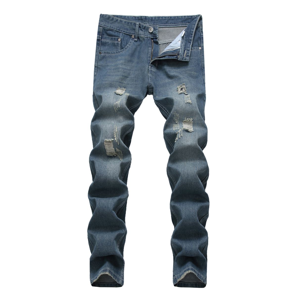 Men's Light Wash Distressed Straight Leg Jeans Vintage-Inspired Ripped Denim Pants for Casual And Streetwear_mkmklike.com