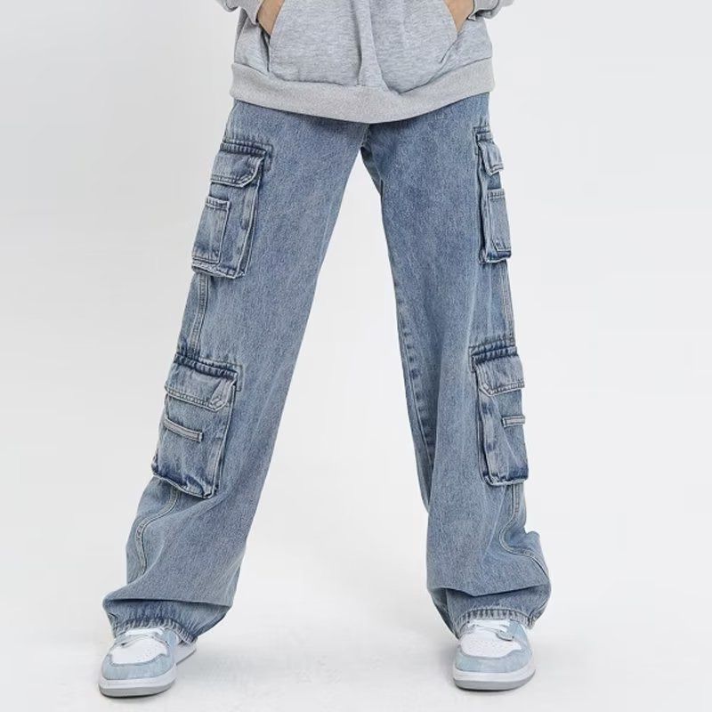 Men's Clothing Fashion Brand Workwear Men's Multi Pocket Heavyweight High Street Jeans Casual Pants Design Retro Spring And Autumn Pants Blue_mkmklike.com