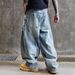 Men’s Retro Blue Wide-Leg Distressed Jeans – Vintage Bamboo Print & High Street Loose Fit_mkmklike.com