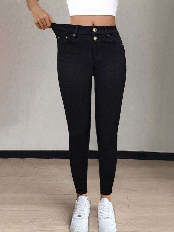 High Waisted Double Button Black Jeans Slim Fit Stretchy Skinny Jeans Versatile Tight Fitting Pencil Pants for Women CY041_mkmklike.com