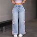 Women's Clothing Women's Bow Detail Straight Leg Jeans - High Waist Loose Wide Leg Pants For Casual Streetwear (Light Blue/ Dark Blue, Sizes 27-30)_mkmklike.com
