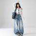 Women's Washed Blue Embroidery Detail Loose Straight Leg Jeans Casual Fashion Office Lady Wide Leg Pants Spring Autumn Retro_mkmklike.com