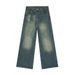 Men's Korean Vintage Blue Jeans – Distressed Washed Wide Leg Denim Pants, Relaxed Fit Straight Trousers With Bleached Details, High Waist Streetwear_mkmklike.com