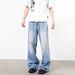 Men's Washed Creased Light Blue Jeans Unisex All Season Trendy Loose Straight Leg Wide Leg Trousers_mkmklike.com