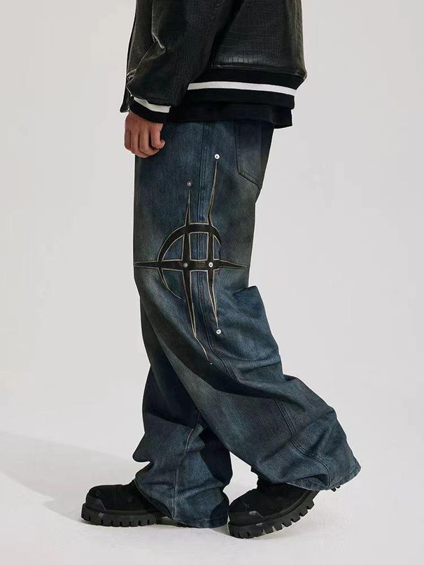 "Retro Streetwear Denim Pants – Loose Straight Fit Jeans With Rivet & Patch Design, Casual Style, Unisex (M-4XL)"_mkmklike.com