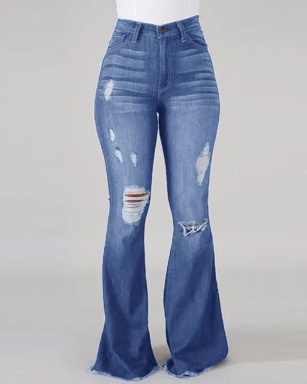 Women's Clothing Internet Celebrity High Elastic Ripped Jeans High Waisted Flared Trousers _mkmklike.com