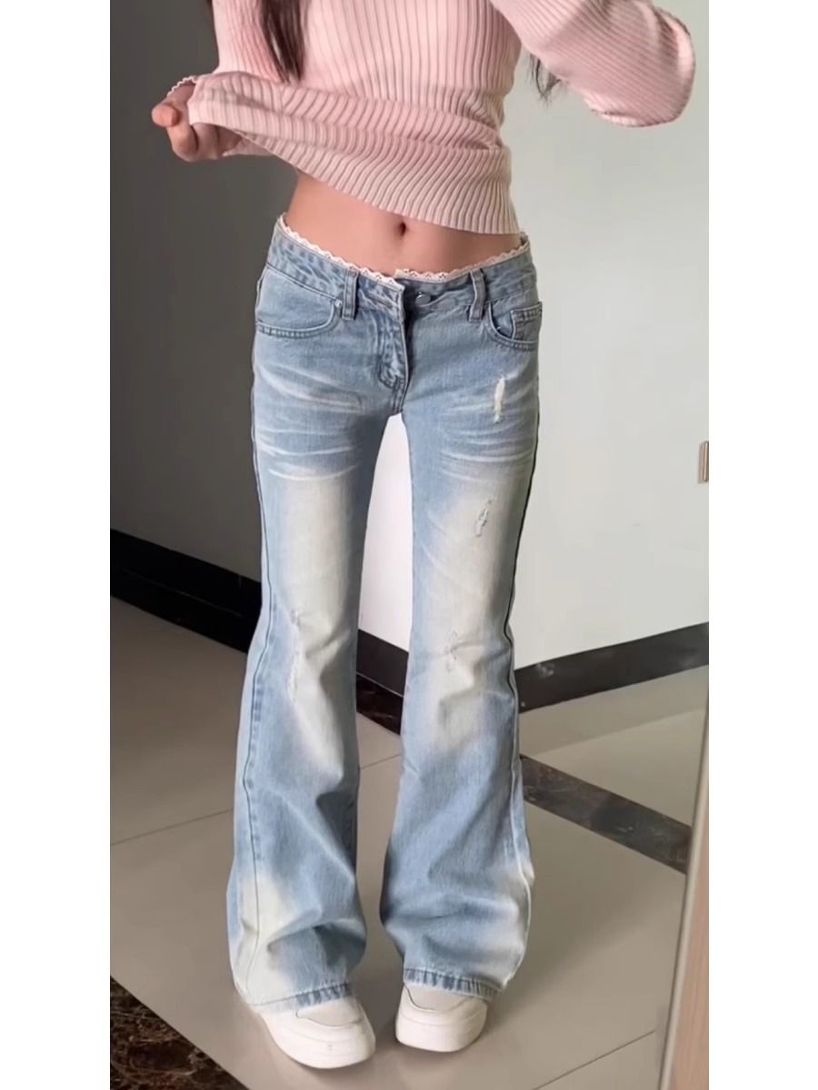 Light Blue Women's Flared Jeans Lace Trimmed American Style Low Rise Stretchy Extra Long Floor Length_mkmklike.com