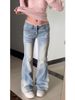 Light Blue Women's Flared Jeans Lace Trimmed American Style Low Rise Stretchy Extra Long Floor Length_mkmklike.com