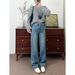 Women's Fleece-lined Wide-leg Jeans, Thickened Winter, Korean Style, High-waisted, Casual, Vintage Retro Blue, In Stock_mkmklike.com