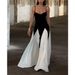 Women's clothing contrast color stitching off shoulder print dress slim long skirt_mkmklike.com