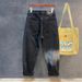 Men's Heavy Duty Distressed Washed Vintage Black Gradient Ripped Patch Jeans Straight Leg Loose Fit American Style_mkmklike.com