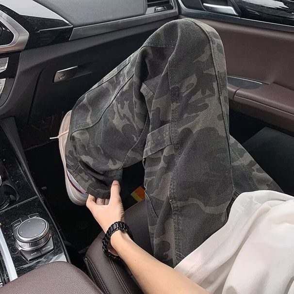 Cleanfit Camouflage Cargo Men's Summer American Retro Vibe Logging Pants Straight-Leg Slightly Flared Jeans_mkmklike.com