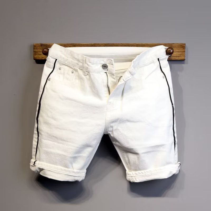 Men's Clothing Personalized Color Matching Slim Fit White Denim Shorts Fashion Trend All Match Shorts_mkmklike.com