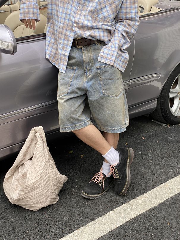Distressed Vintage Washed Denim Shorts For Men - Relaxed Fit American Retro High Street Cargo Knee-Length Shorts_mkmklike.com