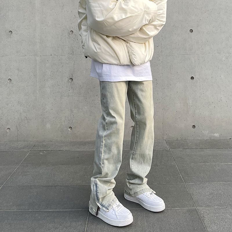 Nordmann American Style Men's Jeans Retro Distressed Zipper Slit Design Trendy Hip-Hop Straight-Leg Slightly Flared Casual Pants_mkmklike.com