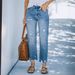 Women's Distressed Light Blue Cropped Straight Leg Denim Jeans Casual Cotton Fashion Comfortable Outerwear_mkmklike.com