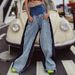 Trendy High-Waisted Flared Jeans For Women – Distressed Denim With Color Blocking | 90s Vintage Wide-Leg Pants (Blue, 2XL)_mkmklike.com