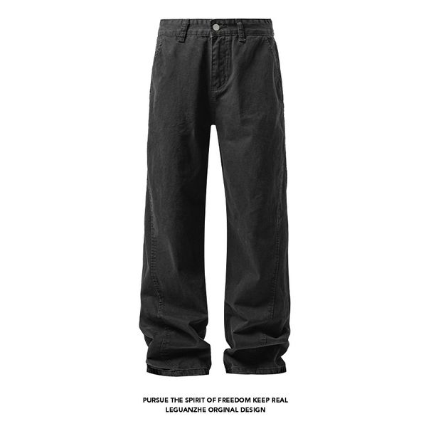 Casual Slanted Cut Jeans For Men, Autumn Trendy High Street Loose Straight Wide-leg Cleanfit Casual Pants_mkmklike.com