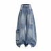 Loose Fit Distressed Jeans With Multiple Pockets, Straight Leg Wide Pants For Men & Women Functional Multi-Pocket Design_mkmklike.com