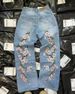 Fashion Trendy Brand Floral Print Jeans Unisex American Retro Washed Summer New Casual Loose Long Pants_mkmklike.com