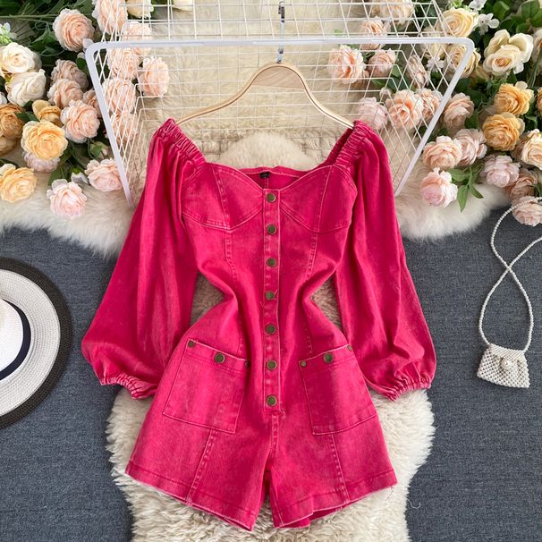 Women's Clothing Fashionable Outfit White Rose Red Jumpsuit Autumn Retro Single Breasted Slim Short Jeans Trend_mkmklike.com