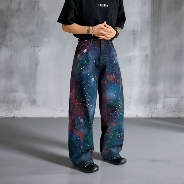 Men's Clothing Style Denim Trendy Black Graffiti Washed Loose Straight Leg Midweight Cotton Trousers Skinny Pants Wide Leg_mkmklike.com