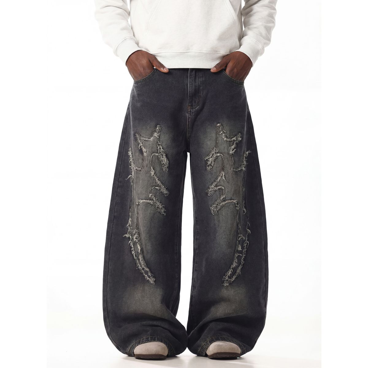 Men's Trendy Wide Leg Jeans Street Style Loose Fit Curved Hem Floor Length Jeans_mkmklike.com