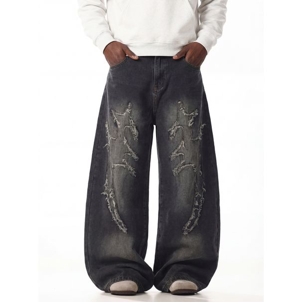 Men's Trendy Wide Leg Jeans Street Style Loose Fit Curved Hem Floor Length Jeans_mkmklike.com
