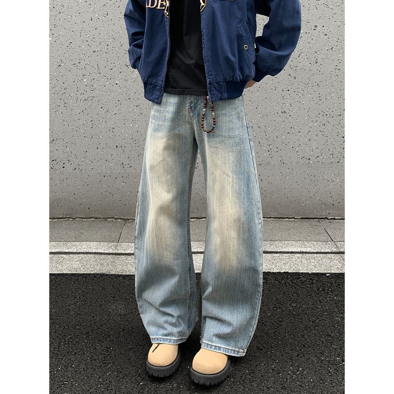 Bamboo Water Washed Scimitar Jeans Men's Autumn American High Street Vibe Pants Trendy Brand Loose Wide Leg Casual_mkmklike.com