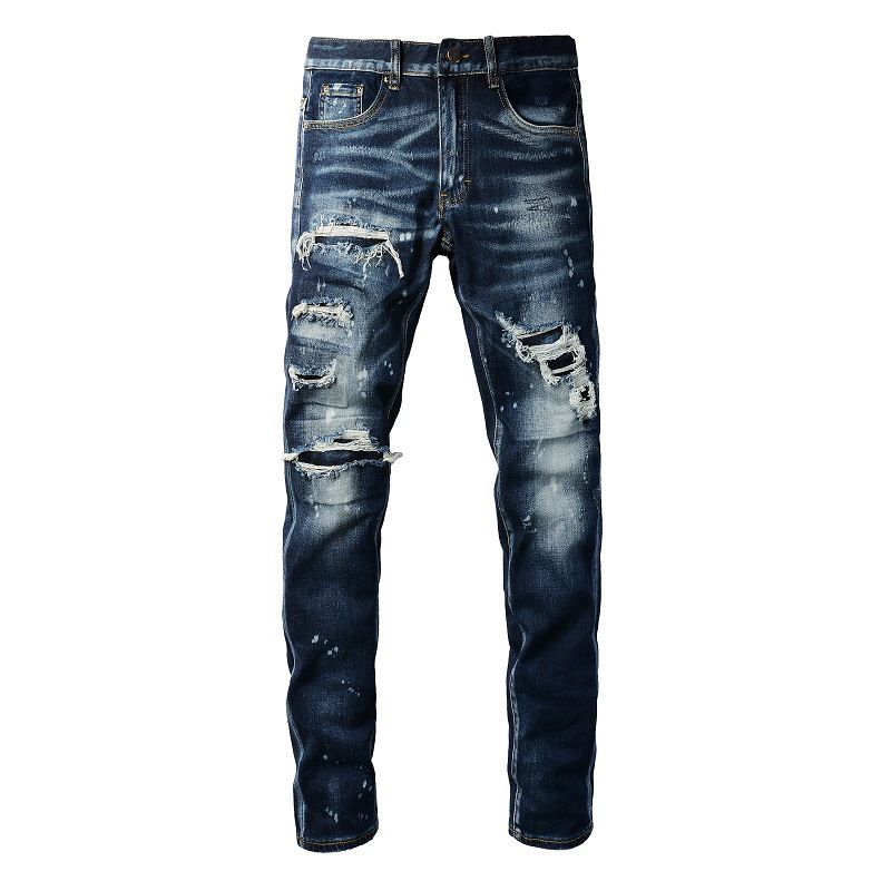 Men's Clothing Washed Old Cat Whisker Patch Hole Elastic Slim Fit Skinny Pants Ink Splash Jeans_mkmklike.com