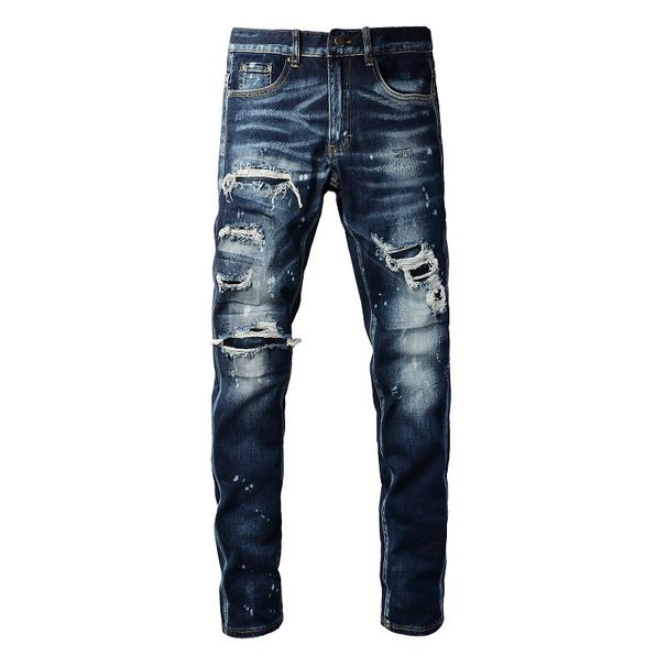 Men's Clothing Washed Old Cat Whisker Patch Hole Elastic Slim Fit Skinny Pants Ink Splash Jeans_mkmklike.com