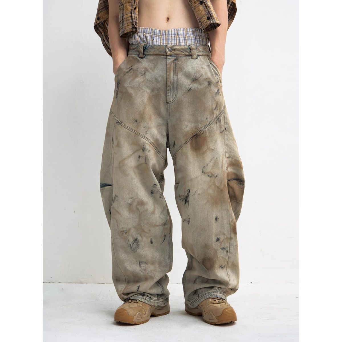 Men's Clothing Vintage Wash Distressed Denim Jeans - Unisex Baggy Wide Leg Cropped Pants With Unique Washed Effect (Brown, S-XXXL)_mkmklike.com