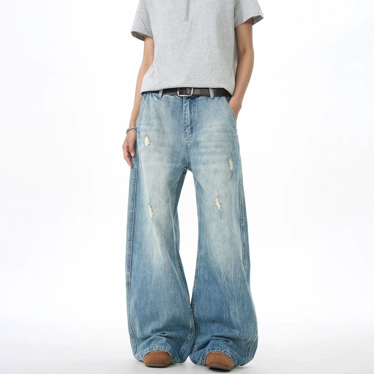 Unisex American Retro Distressed Ripped Washed Denim Jeans Loose Fit Vintage Straight Leg Pants Wide Leg Versatile Instagram Style_mkmklike.com