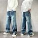 Men's Clothing Retro Patchwork Washed Curved Jeans Loose Wide Leg Straight Leg Trousers Trendy Denim Style For Men_mkmklike.com