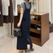 ELLE Early Autumn Irregular Retro Slit Denim Loose New Slimming Korean Style Strap Dress_mkmklike.com