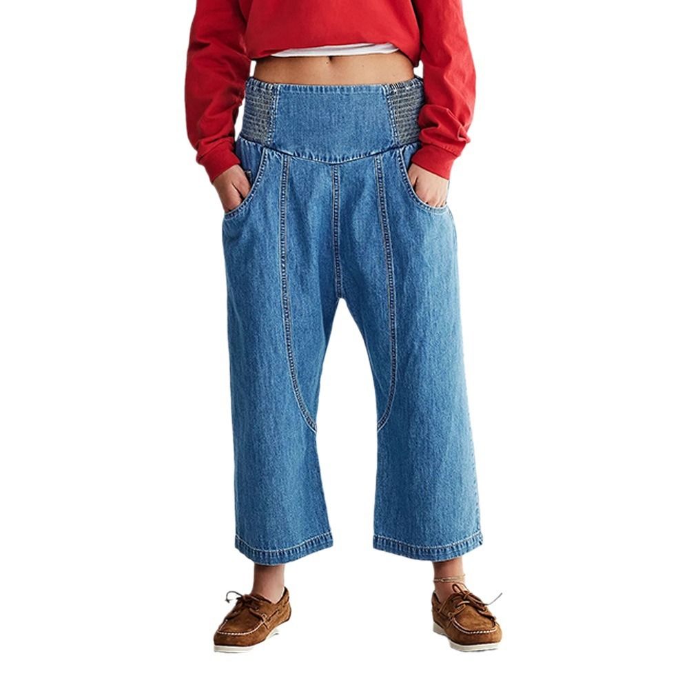 Women's Harem Jeans - Mid Rise Straight Leg Cropped Denim Pants With Vintage Wash For Casual Streetwear_mkmklike.com