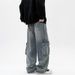 Men's Retro Blue Cargo Jeans High Street Style Loose Wide Leg Straight Leg Pants Multiple Pockets Casual Long Trousers Autumn Winter_mkmklike.com