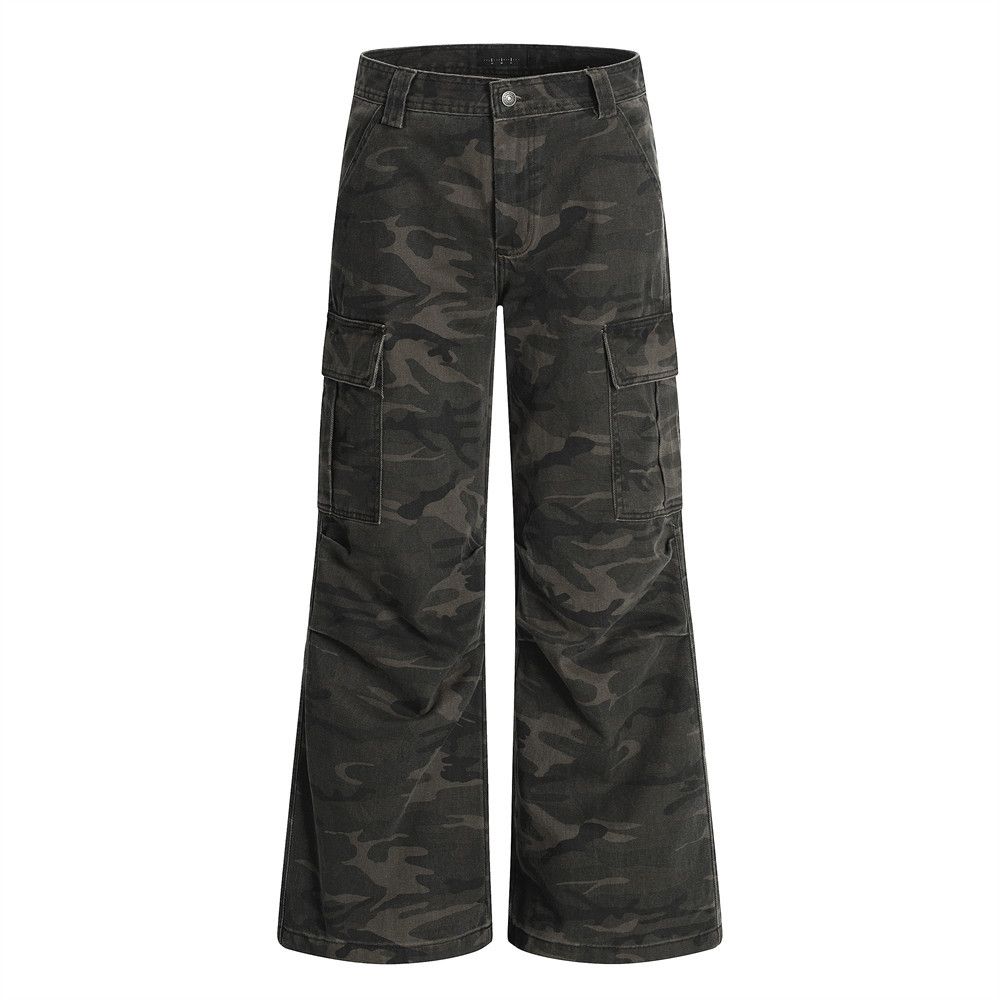 Camouflage Cargo Jeans Men's High Street Trendy Brand Vibe Multi-Pocket Pleated Design Flared Wide-Leg Pants_mkmklike.com