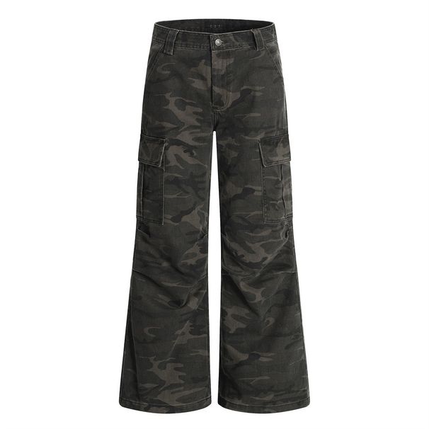 Camouflage Cargo Jeans Men's High Street Trendy Brand Vibe Multi-Pocket Pleated Design Flared Wide-Leg Pants_mkmklike.com