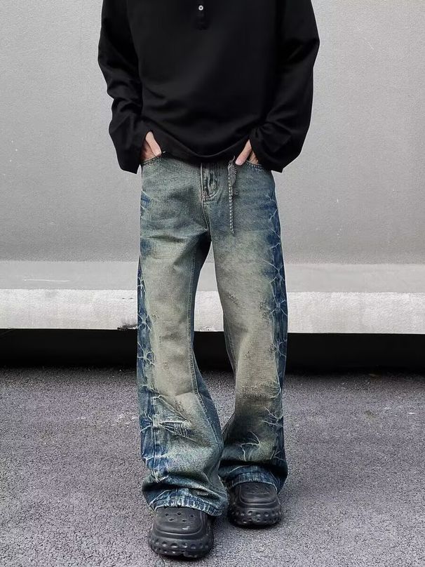 Men's Retro Tie Dye Jeans Loose Flared Mid-Waist Vibe Trendy Pants American High Street Style Handsome Casual Polyester_mkmklike.com