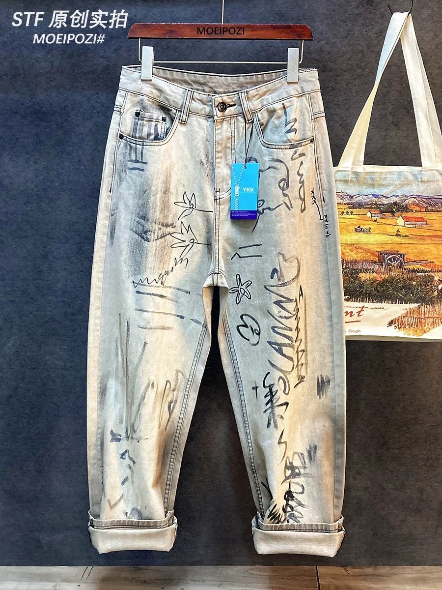 High End Men's Streetwear Jeans Japanese Brand Loose Fitting Straight Leg Graffiti Splatter Paint Distressed Look_mkmklike.com